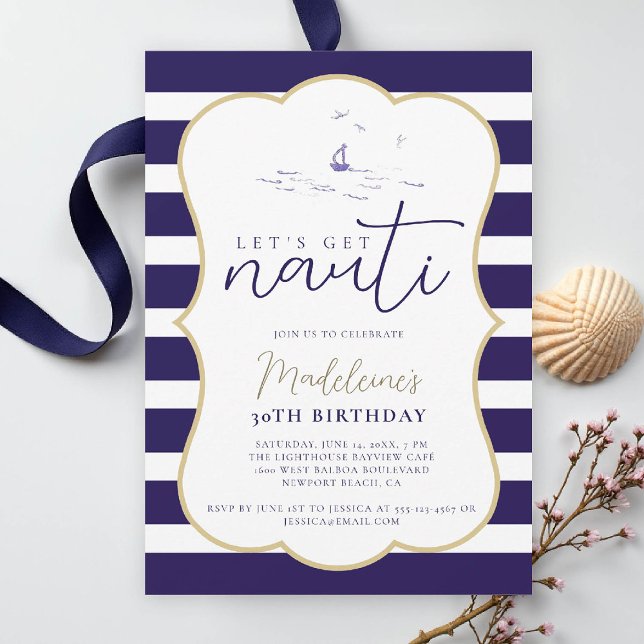 Convites Nauti Náutico Boat Party Coaster aniversário de 30 (nautical 30th birthday invitation women her coastal beach yacht boat sailing stripes elegant frame)