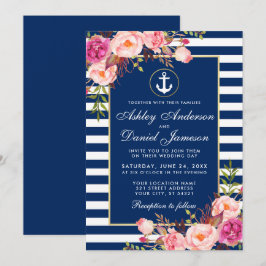 Convites Náutica Blue Stripes Floral Rosa Rosa Invite B