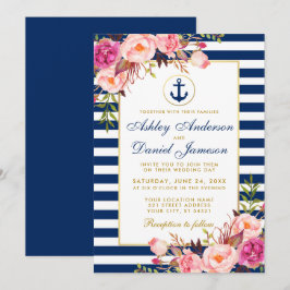 Convites Náutica Blue Stripes Floral Rosa Rosa Invite B