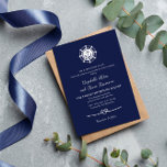 Convites Náutica do Coração das Cordas das Cordas e Cordas<br><div class="desc">Convite de casamento náutico em azul e branco marinho com uma âncora,  símbolo de roda do navio e coração de corda.</div>