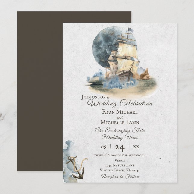 Convites Náutica Náutica - Nave e Casamento da Lua Completa (Frente/Verso)