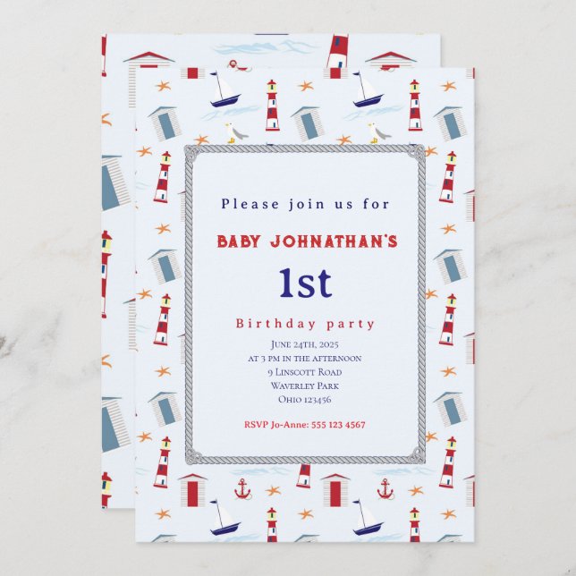 Convites Nautical 1st Birthday Sailboat Birthday Party (Frente/Verso)