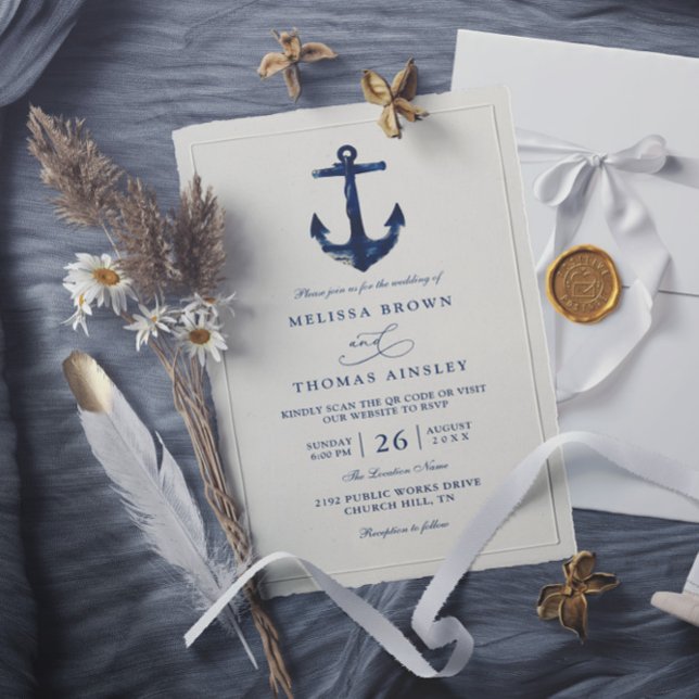 Convites Nautical Anchor Blue Modern Chic QR Code Wedding (Criador carregado)