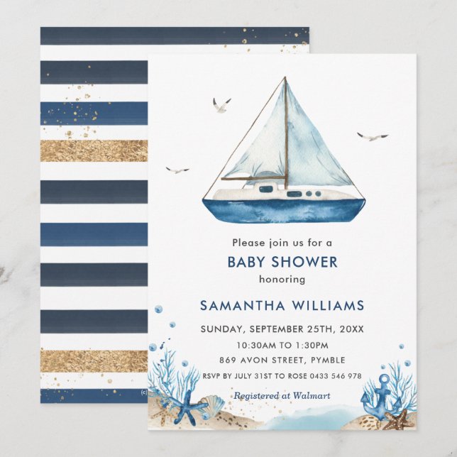 Convites Nautical Blue Boat Baby Shower (Frente/Verso)