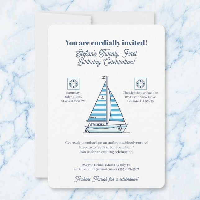 Convites Nautical Blue Sailboat Birthday Party Invitation (Gather your crew for some waterfront fun.)