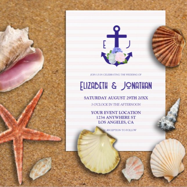 Convites Nautical Floral Stripes Wedding (Criador carregado)