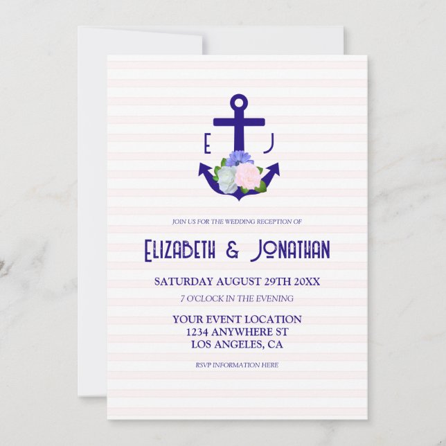 Convites Nautical Floral Stripes Wedding Reception (Frente)