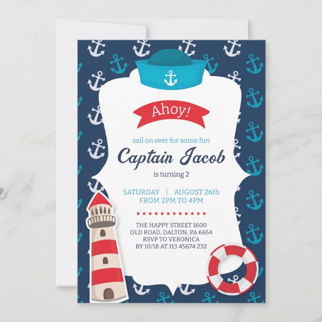 Convites Nautical Invitation for Birthday Party Ahoy! Blue (Frente)