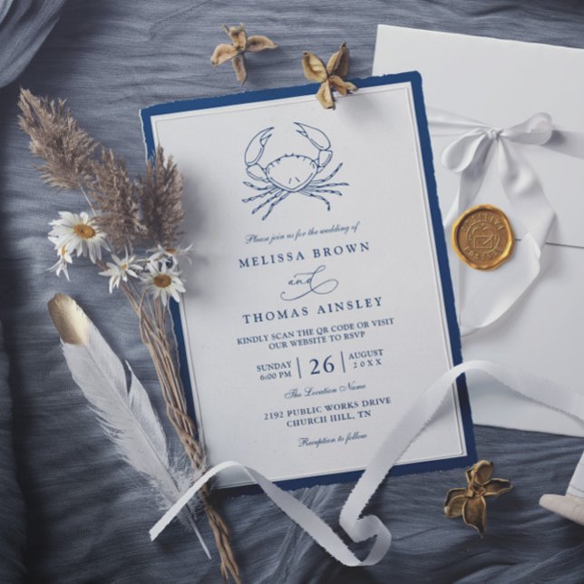 Convites Nautical Navy Blue Crab Beach QR Code Wedding (Criador carregado)