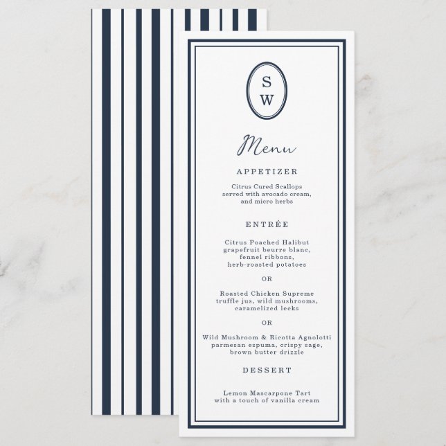 Convites Nautical Navy Monogram Long Wedding Menu Card (Frente/Verso)