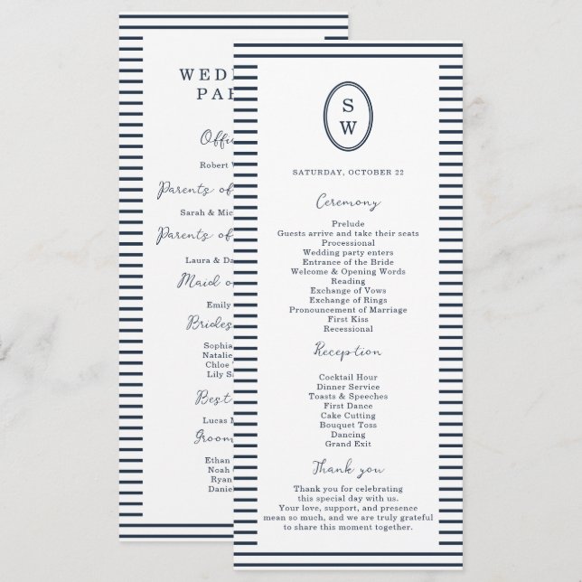 Convites Nautical Navy Stripe Classic Wedding Program Card (Frente/Verso)