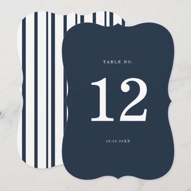 Convites Nautical Navy Stripe Die-Cut Wedding Table Number (Frente/Verso)