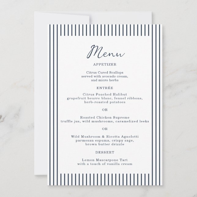 Convites Nautical Navy Stripe Monogram Wedding Menu Card (Frente)