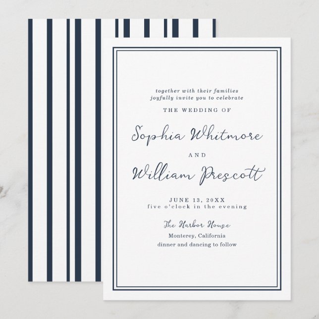 Convites Nautical Navy Stripe Wedding Invitation (Frente/Verso)