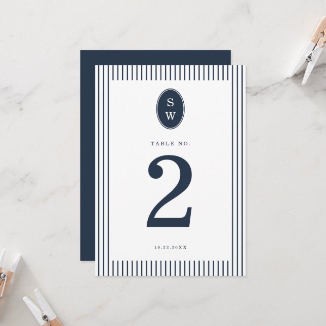 Convites Nautical Navy Stripe Wedding Table Number Card (Frente/Verso In Situ)