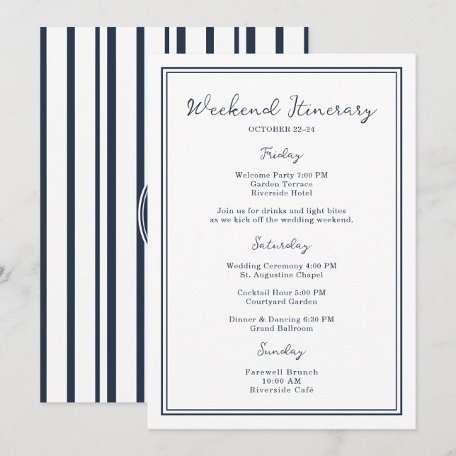 Convites Nautical Navy Wedding Weekend Itinerary Card (Frente/Verso)