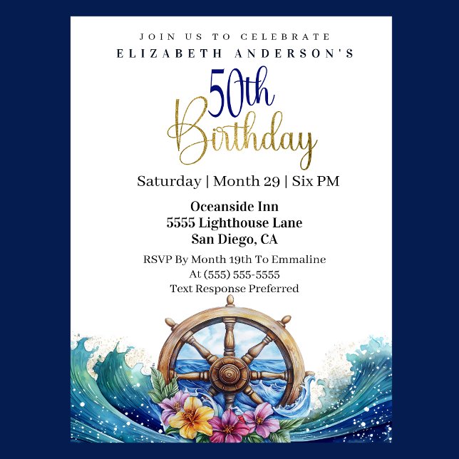 Convites Nautical Sailing Wheel 50th Birthday (Nautical sailing wheel ocean waves floral 50th birthday invitation in navy blue and gold
)