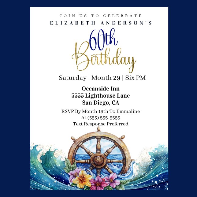 Convites Nautical Sailing Wheel 60th Birthday (Nautical sailing wheel ocean waves floral 60th birthday invitation in navy blue and gold
)