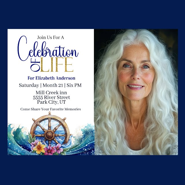 Convites Nautical Sailing Wheel Celebration Of Life (Nautical Celebration Of Life invitation with ship wheel, ocean waves, and tropical flowers )