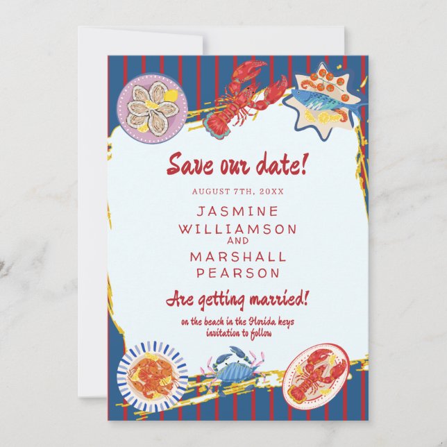 Convites Nautical Seafood Stripe Save Our Date (Frente)
