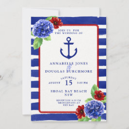 Convites Náutico Casamento Vermelho Azul Hydrangea Watercol
