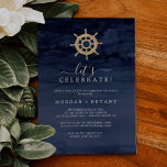 Convites Náutico Moderno | Celebração do Vamos de carga<br><div class="desc">Este convite para celebração de vamos náuticos modernos de helm é perfeito para uma festa de noivado de cruzeiro ou praia,  casamento após festa,  aposentadoria,  graduação ou qualquer evento feliz. O simples design apresenta uma roda de barco dourada sobre um fundo de marinho azul-d'água.</div>