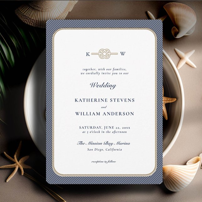 Convites Náutico Nnáutico Monogramas Marinho Elegante Tan C (simple beach wedding invitation nautical rope infinity knot navy tan modern classic minimalist)