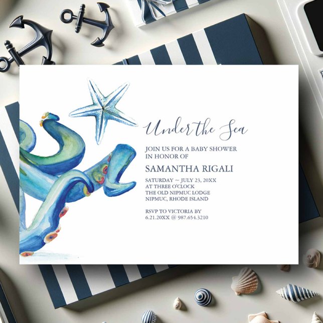 Convites Náuticos Para Bebê Para Menino (Nautical baby shower invitations watercolor blue octopus and starfish under the sea theme)