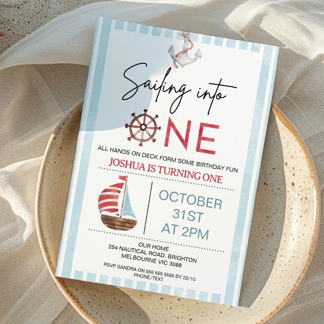 Convites Nave de vela azul clara navegando em um primeiro a (Light Blue and Red Sailing into One First Birthday Invitation Nautical Sailing into One 1st Birthday)
