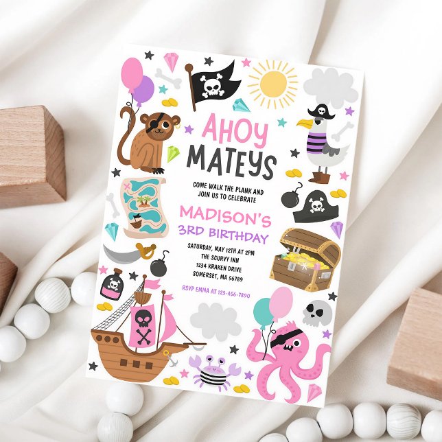 Convites Nave Pirata Rosa Tesouro Menina Aniversário (Criador carregado)