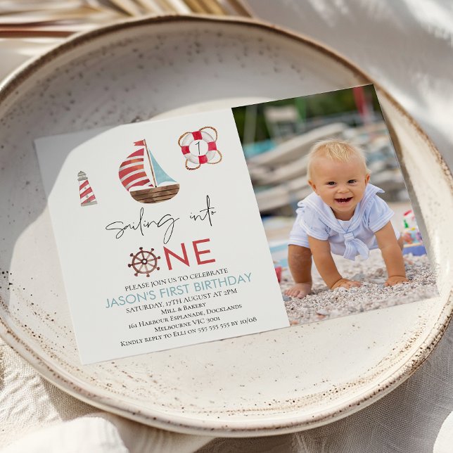 Convites Navegação Náutica Moderna Em Um primeiro aniversar (Boys Nautical Themed 1st Birthday Invitation Sail Boat First Birthday Invite baby Boy Surfing Into )