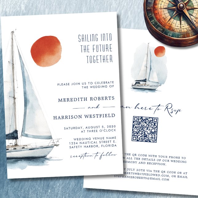 Convites Navegando para o Futuro Juntos Casamento Náutico (Sailing Into The Future Together Sailboat Wedding Invitation 1)