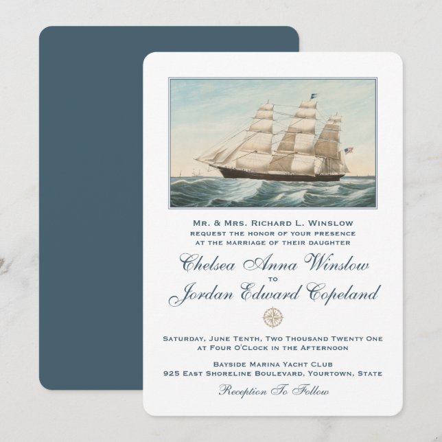 Convites Navio Clipper de Navegação Náutica | Casamento clá (Frente/Verso)