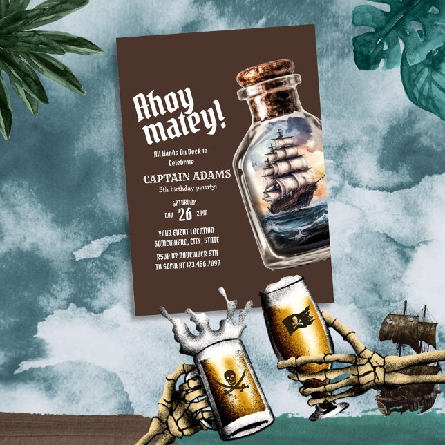 Convites Navio pirata em um aniversário de garrafa (Criador carregado)