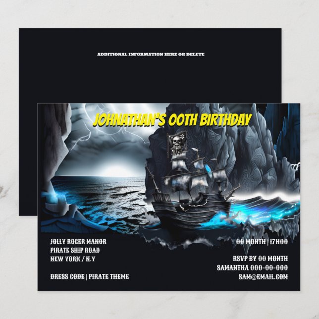 Convites Navio pirata montes náuticos à lua marítima noturn (Frente/Verso)