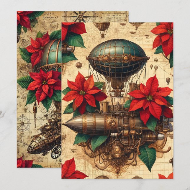 Convites Navio Steampunk Imprimível com Poinsettia (Frente/Verso)