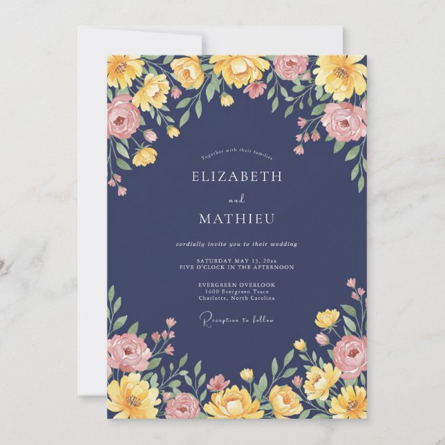Convites Navy Amber Floral Romantic Wedding (Frente)