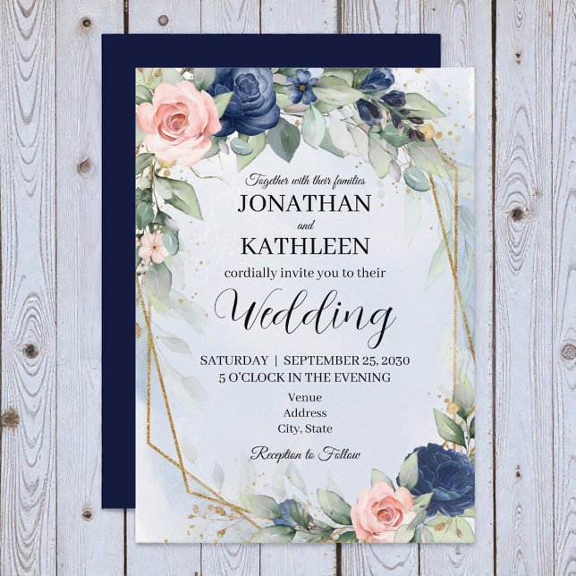 Convites Navy and Blush Floral Wedding Invitation (Criador carregado)