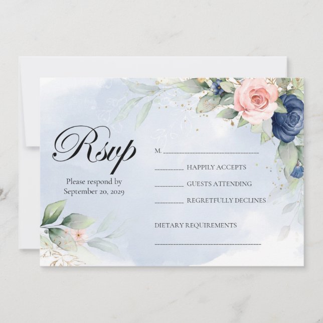 Convites Navy and Blush Floral Wedding RSVP (Frente)