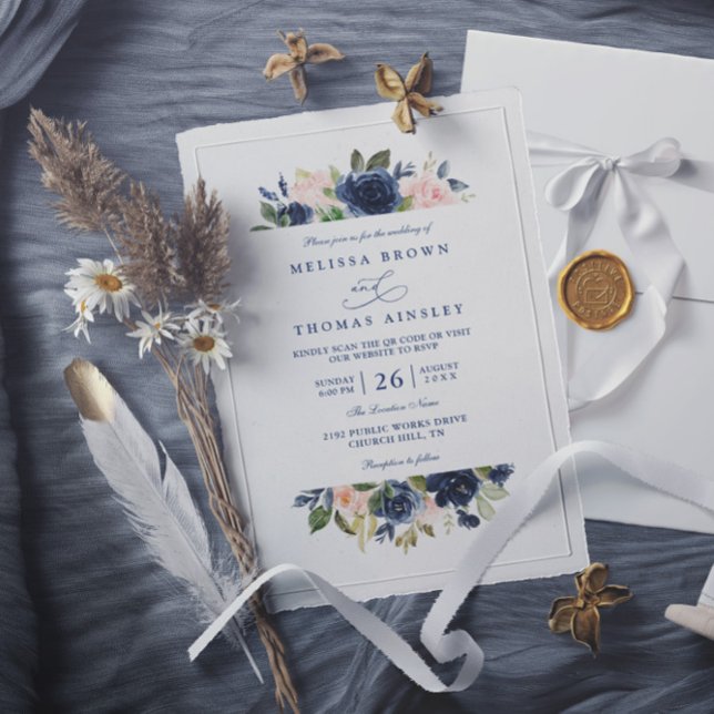 Convites Navy and Blush Rustic Elegant Chic QR Code Wedding (Criador carregado)