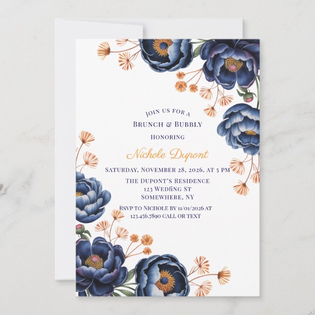 Convites Navy and Burnt Orange Floral Brunch & Bubbly (Frente)