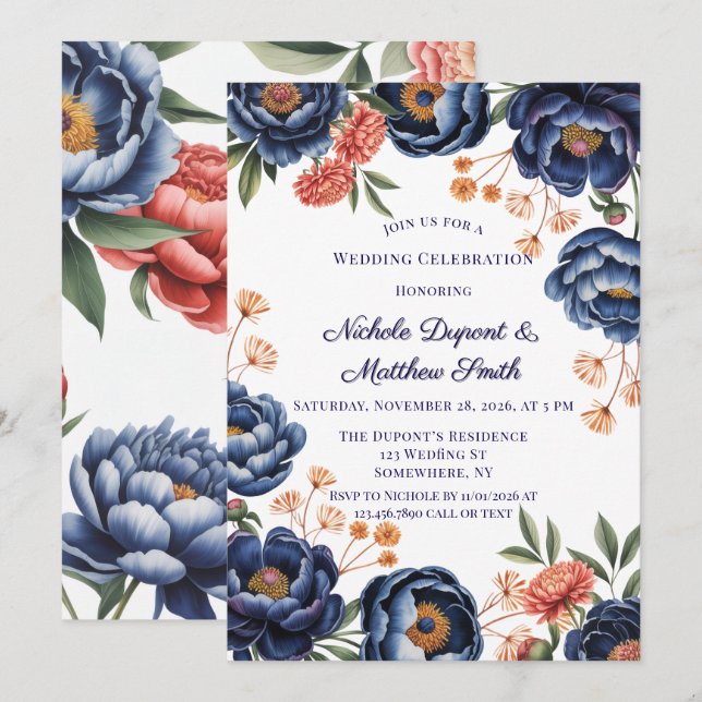 Convites Navy and Burnt Orange Floral Wedding Celebration (Frente/Verso)