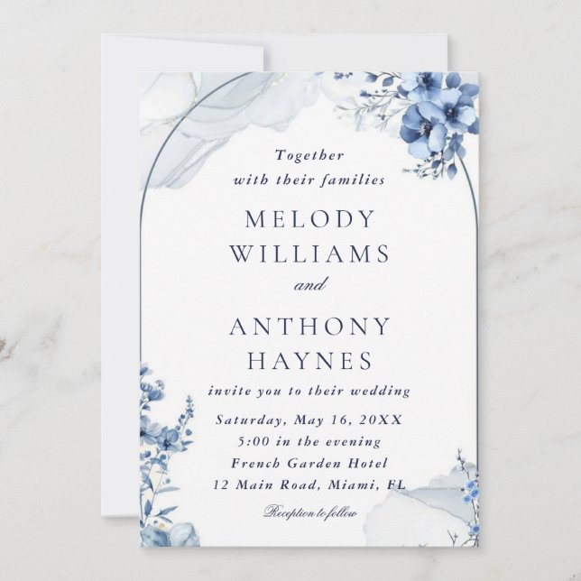 Convites Navy and light blue watercolor floral wedding (Frente)