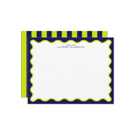 Convites Navy and Lime Striped Back Wavy Frame Note Card