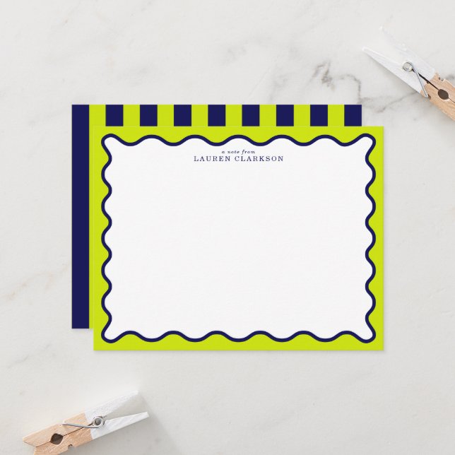 Convites Navy and Lime Striped Wavy Frame Note Card (Frente/Verso In Situ)