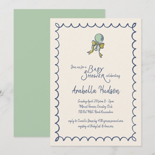 Convites Navy and Mint Doodle Rattle and Bow Baby Shower (Frente/Verso)