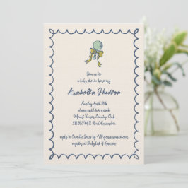 Convites Navy and Mint Doodle Rattle and Bow Baby Shower