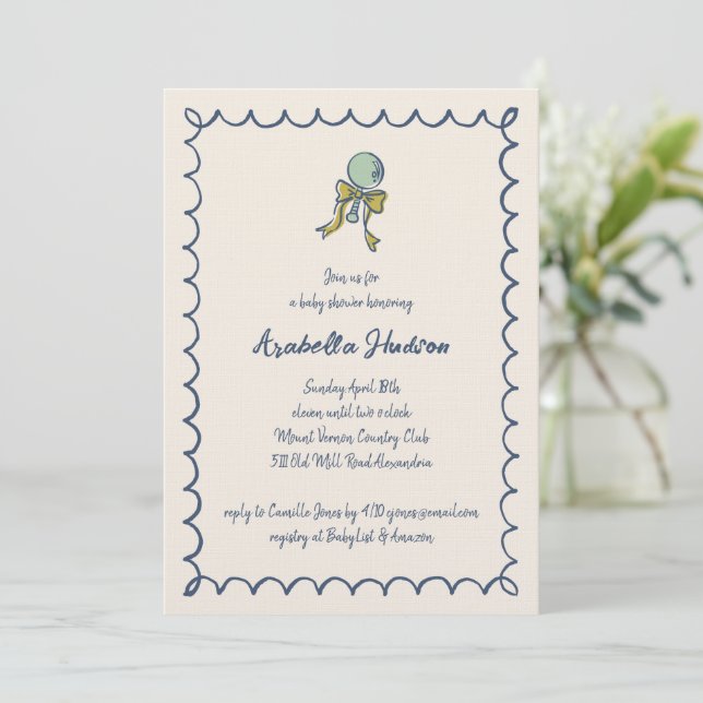 Convites Navy and Mint Doodle Rattle and Bow Baby Shower (Em pé/Frente)