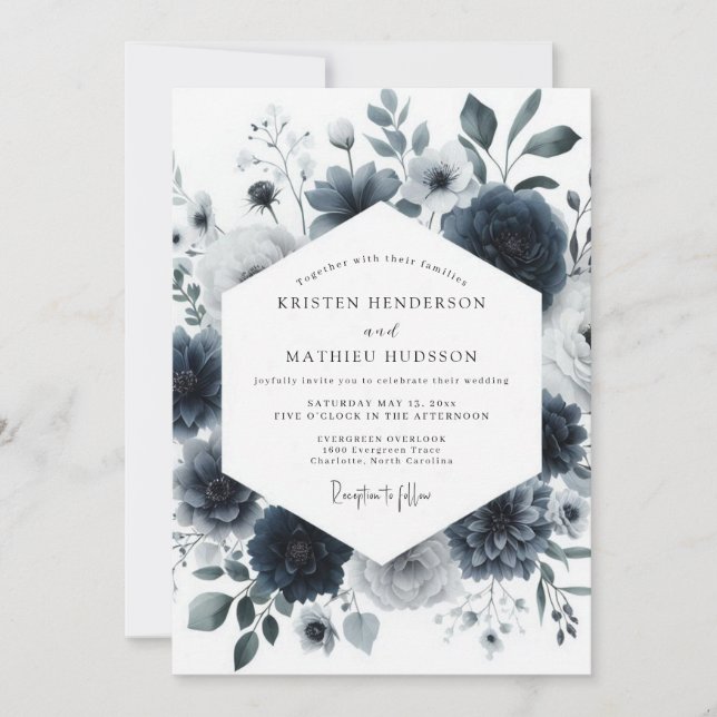 Convites Navy Aquarelle Bloom Wedding (Frente)