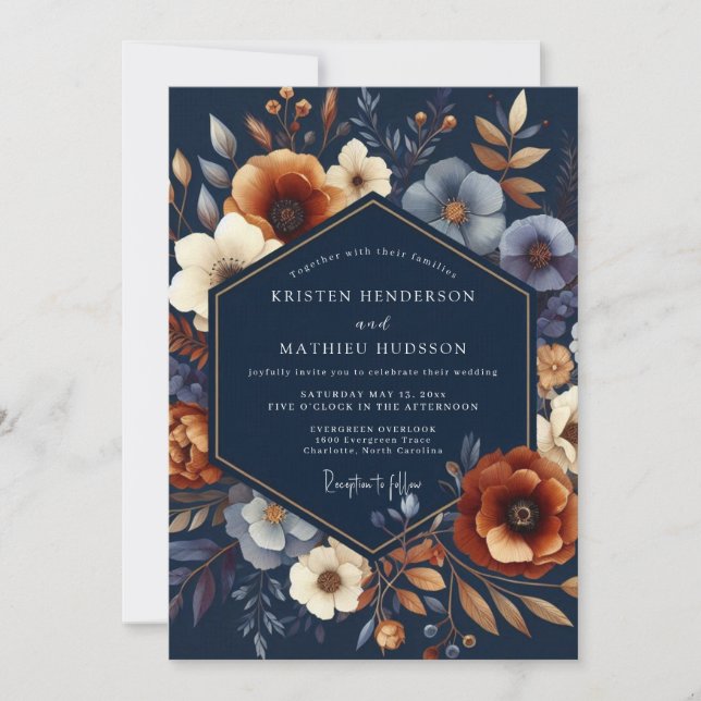 Convites Navy Autumnal Bloom Wedding (Frente)